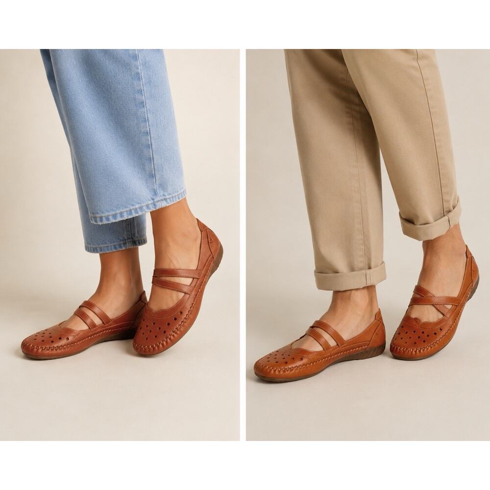 PIKOLINOS Women's Brown Leather Strappy Flats